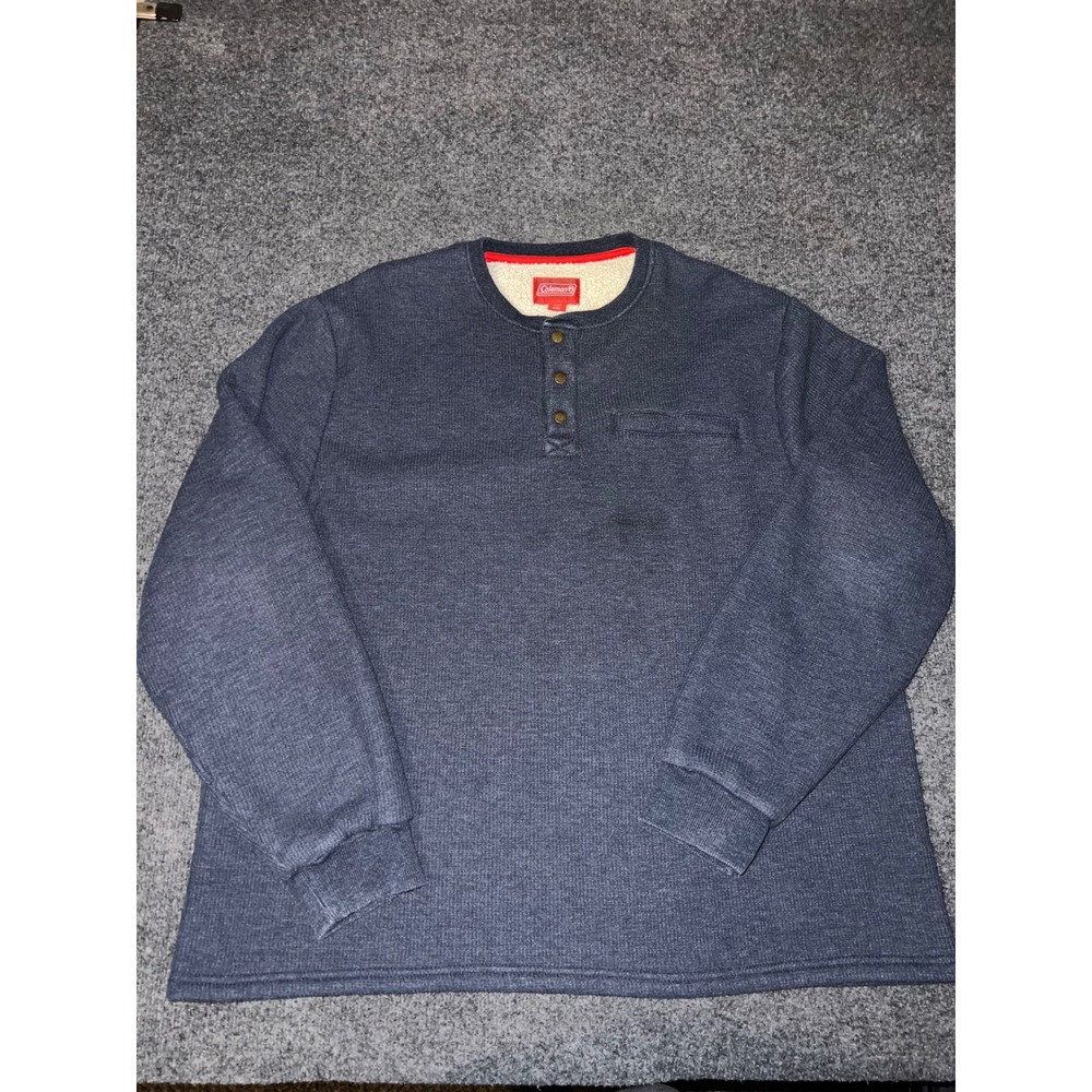 Coleman Mens XXL Heather Blue Sherpa Lined Waffle Knit Thermal Henley Pullover